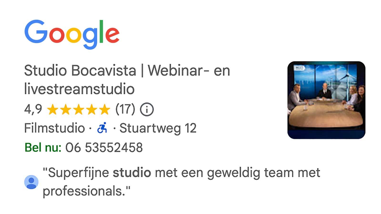 Studio Bocavista krijgt gemiddeld een 4,9 / 5 op Google